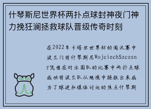 什琴斯尼世界杯两扑点球封神夜门神力挽狂澜拯救球队晋级传奇时刻